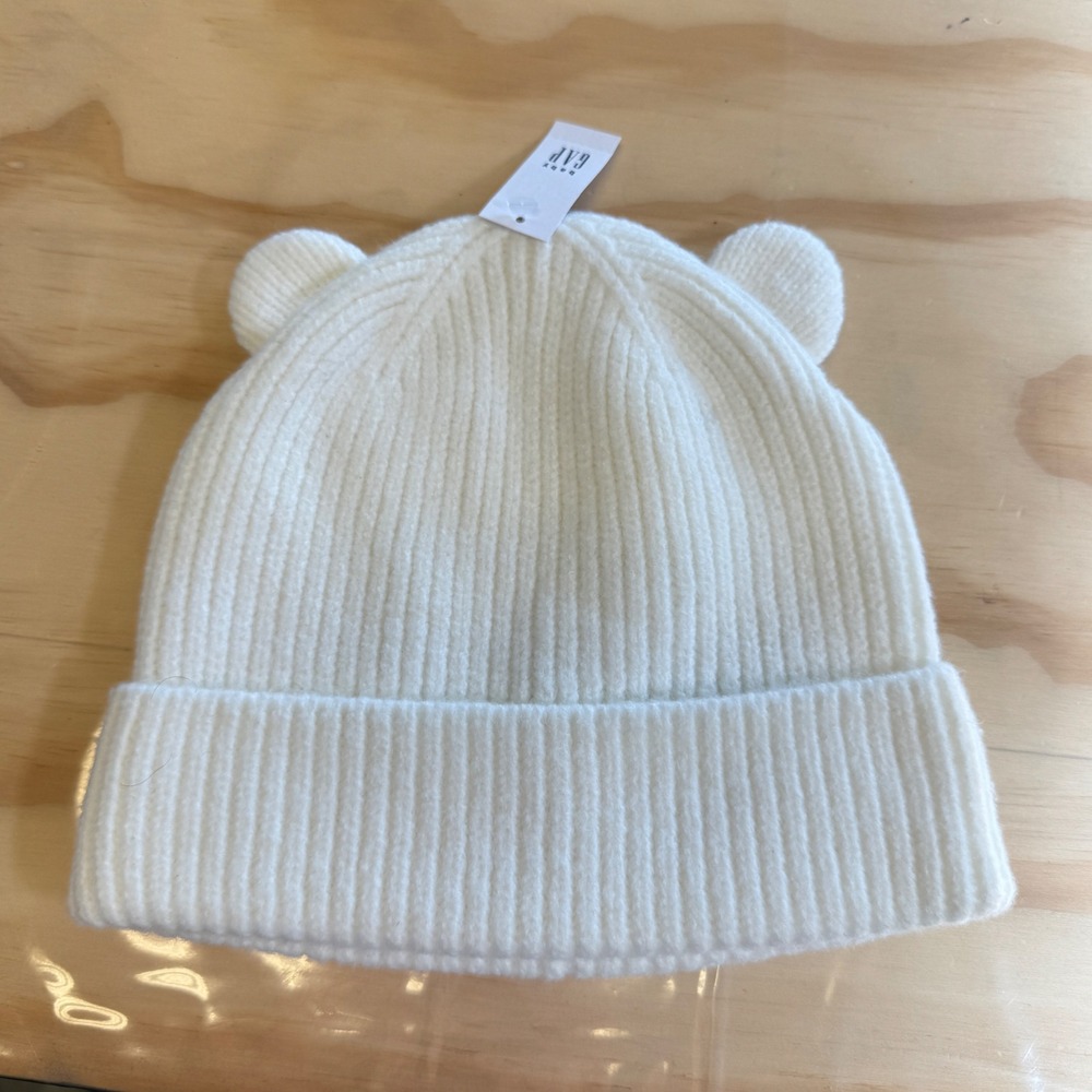 NWT Baby Gap Toddler Bear Ear Ribbed Knit Beanie Hat Off White 2-3 Years 52cm